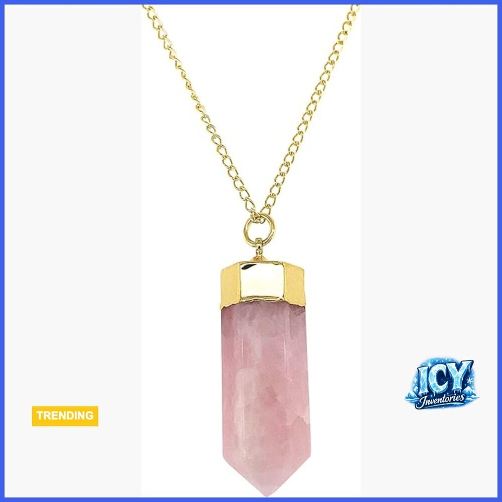Rose Quartz Pencil Point Pendant Necklace Gold Plated 18 Inch Chain